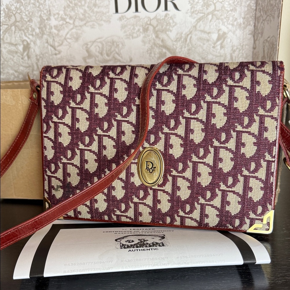 Christian Dior Trotter Oblique Flap Shoulder Bag Burgundy Leather Canvas Vintage